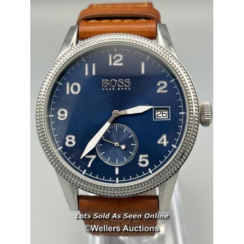 173 - Hugo Boss HB.357.1.14.3226 stainless steel gents watch with leather strap, appears functional, minim... 