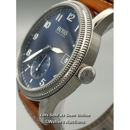 173 - Hugo Boss HB.357.1.14.3226 stainless steel gents watch with leather strap, appears functional, minim... 