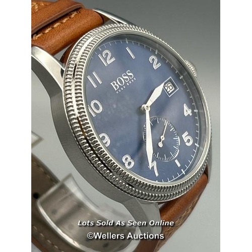 173 - Hugo Boss HB.357.1.14.3226 stainless steel gents watch with leather strap, appears functional, minim... 