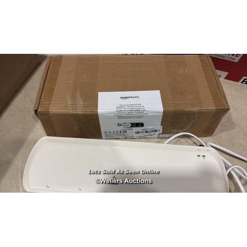 8048 - AMAZON BASICS THERMAL LAMINATOR, A4 SIZE, INCLUDES 2 X LAMINATING POUCHES, WHITE / MINIMAL SIGNS OF ... 