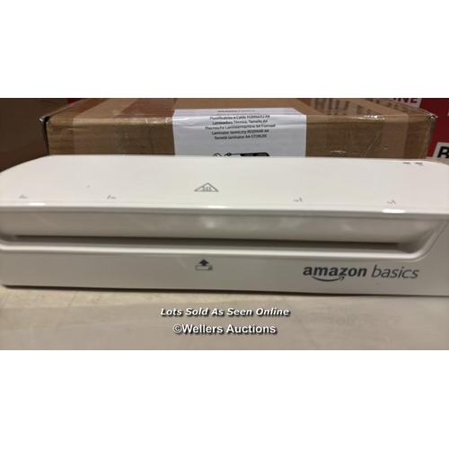 8048 - AMAZON BASICS THERMAL LAMINATOR, A4 SIZE, INCLUDES 2 X LAMINATING POUCHES, WHITE / MINIMAL SIGNS OF ... 