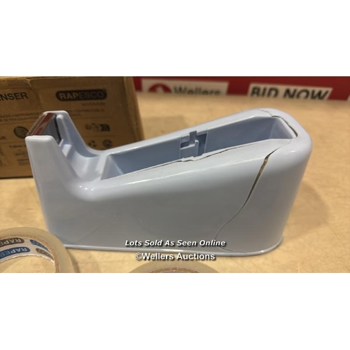 8125 - RAPESCO 1488 500 HEAVY DUTY TAPE DISPENSER WITH 2 TAPE ROLLS, POWDER BLUE / CRACKED / SEE IMAGES