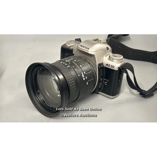 277 - Pentax MZ-50 35mm camera with Sigma Zoom 28-200mm lens and Praktica 35mm camera with Skylight 39mm -... 