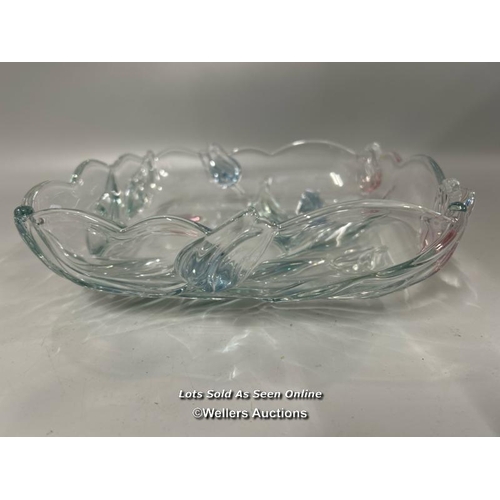 288 - Two heavy glass fruit bowls including one square with coloured flowers, 26 x 26cm and one round bowl... 