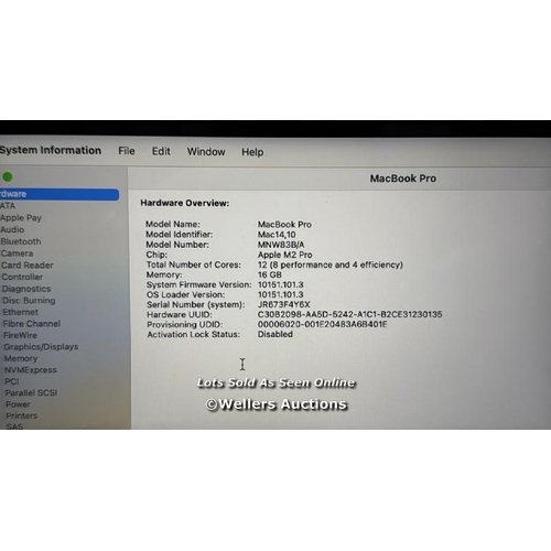 8199 - APPLE MACBOOK PRO, APPLE M2 PRO CHIP 12-CORE CPU, 19-CORE GPU, 16GB RAM, 512GB SSD, 16 INCH IN SPACE... 