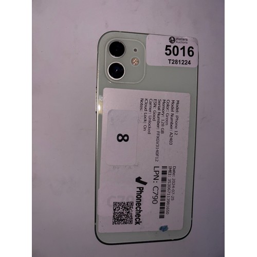 5016 - APPLE IPHONE 12 / MODEL: A2403 / GREEN / 128GB / S.N - FFXGV3140F12 / ICLOUD LOCKED