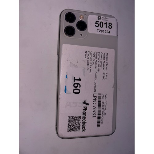 5018 - APPLE IPHONE 11 PRO / MODEL: A2160 / SILVER / 64GB / S.N - DNPZK1LAN6XN / ICLOUD LOCKED