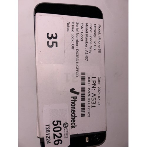 5026 - APPLE IPHONE 5S / MODEL: A1457 / SPACE GREY / 16GB / S.N - DX3RD1LGFFGD / ICLOUD UNLOCKED