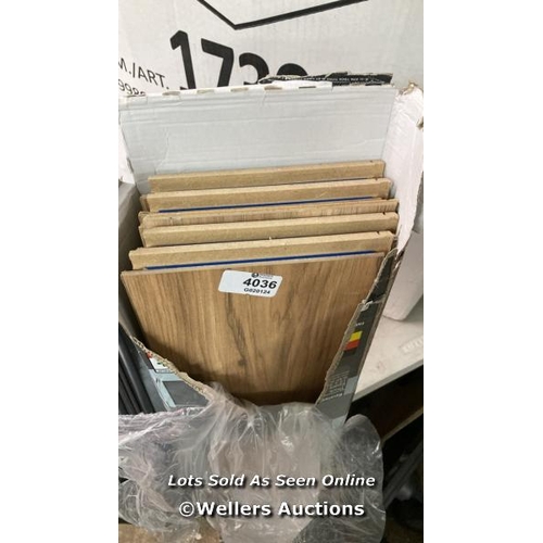 4036 - LAMINATE FLOORING TOASTED ALMOND         / OPEN PACKAGING / SEE IMAGES / P2