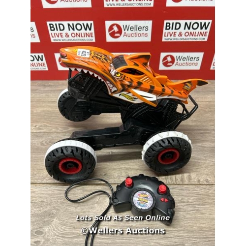 4322 - HOT WHEELS MONSTER TRUCKS REMOTE CONTROL CAR, UNSTOPPABLE TIGER SHARK WITH TREAD ATTACK TIRES AND TE... 