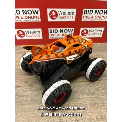 4322 - HOT WHEELS MONSTER TRUCKS REMOTE CONTROL CAR, UNSTOPPABLE TIGER SHARK WITH TREAD ATTACK TIRES AND TE... 