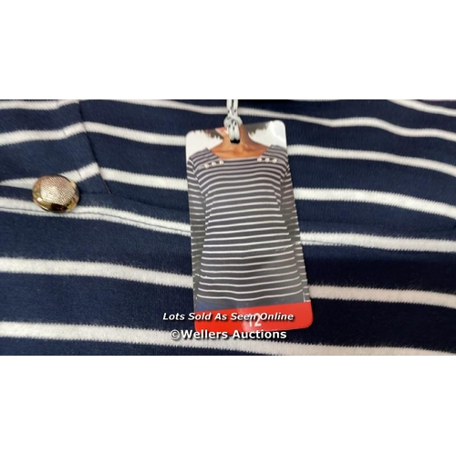 5053 - 10X LADIES NEW CREW CLOTHING COMPANY SQUARE NECK BRETON BUTTON STRIPED TOP / SIZE 12 / F5