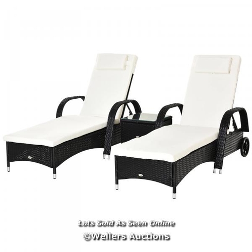 8016 - RRP: 389.99 - OUTSUNNY 2 SEATER RATTAN SUN LOUNGER SET WITH SIDE TABLE BLACK / PLEASE NOTE - INTERNE... 