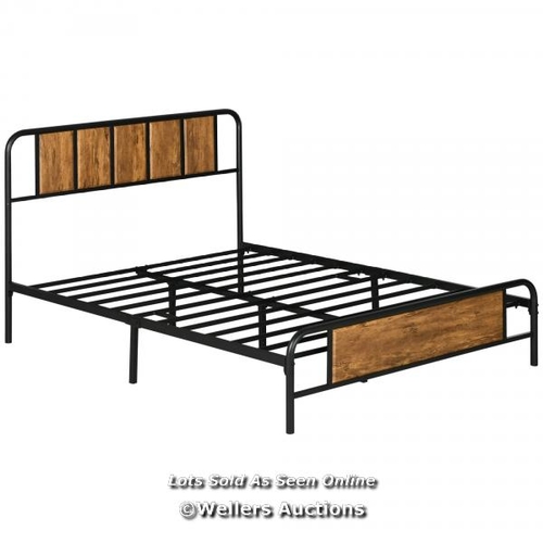 8254 - RRP: 139.99 - 4.8FT DOUBLE BED FRAME WITH INDUSTRIAL WOOD HEADBOARD, STEEL SLAT SUPPORT AND 25.5CM U... 