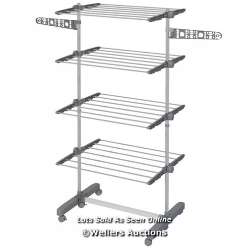 8327 - RRP: 49.99 - FOUR-SHELF COLLAPSING CLOTHES HORSE, WITH SIDE ARMS AND WHEELS - GREY / PLEASE NOTE - I... 