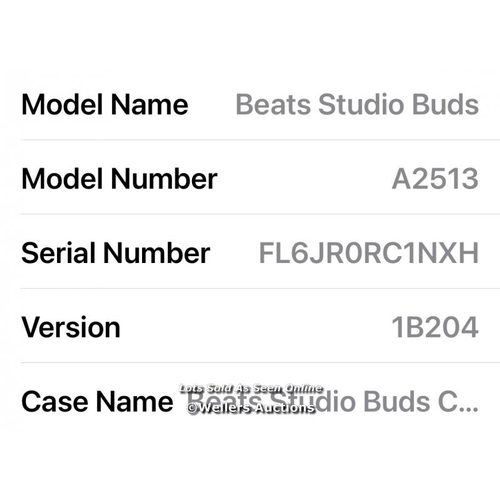 2266 - BEATS STUDIO BUDS / MMT93ZM/A / POWERS UP & CONNECTS VIA BLUETOOTH BUT ONLY PLAYS MUSIC THROUGH RIGH... 