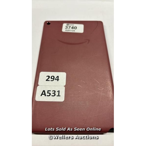 8017 - PRE OWNED AMAZON KINDLE /  MODEL M8S26G/ LIGHT RED/ GOOGLE LOCKED - DISPLAY DAMAGED  /