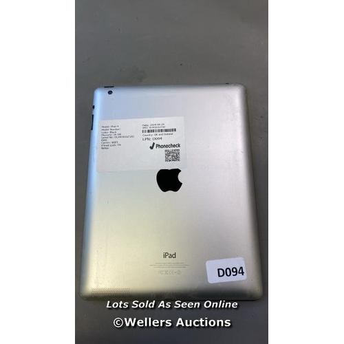 8033 - APPLE IPAD 4 16GB ICLOUD LOCK: ON IMEI: DLXKGD2LF182 /