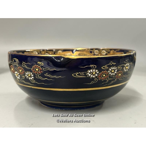 10 - Japanese Satsuma bowl with scalloped rim and dark blue glaze decorated with gilt detailed figures an... 