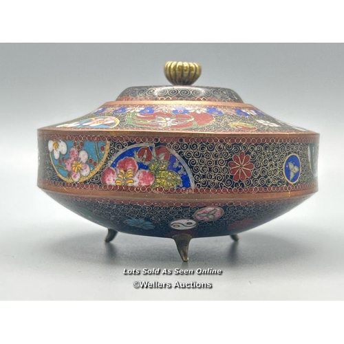 19 - A group of oriental cloisonne enamel wares including three footed pot with cover, egg shaped pot wit... 