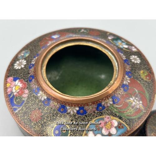 19 - A group of oriental cloisonne enamel wares including three footed pot with cover, egg shaped pot wit... 