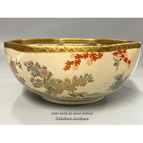 9 - Japanese Satsuma bowl of hexagonal form decorated with pink and red flowers, birds and gilt detail, ... 