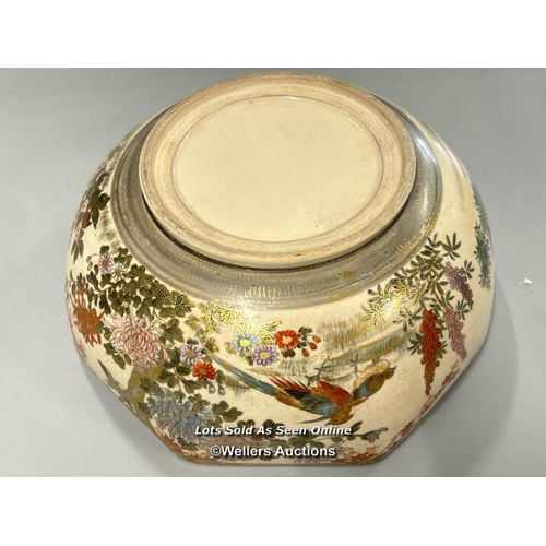 9 - Japanese Satsuma bowl of hexagonal form decorated with pink and red flowers, birds and gilt detail, ... 