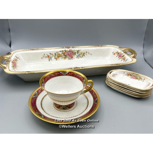 31 - Nippon hand painted bone china dish, 22 cm long with six matching small dishes and a Bavaria Schuman... 