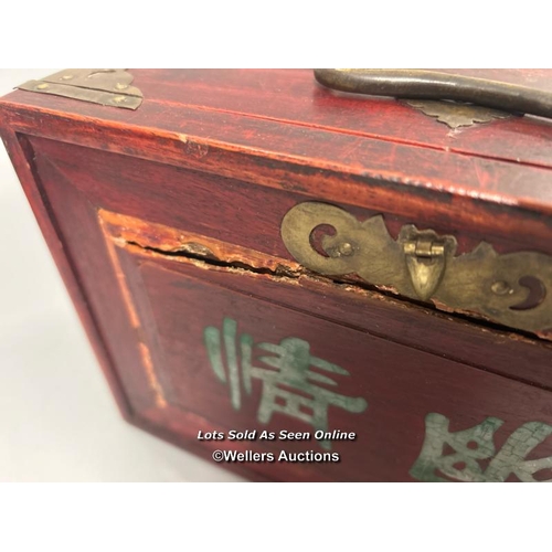 39 - Vintage Mahjong set, c1920's. Bone and bamboo tiles in a wood and brass mounted five drawer case and... 