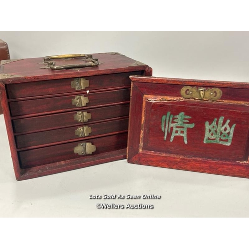 39 - Vintage Mahjong set, c1920's. Bone and bamboo tiles in a wood and brass mounted five drawer case and... 