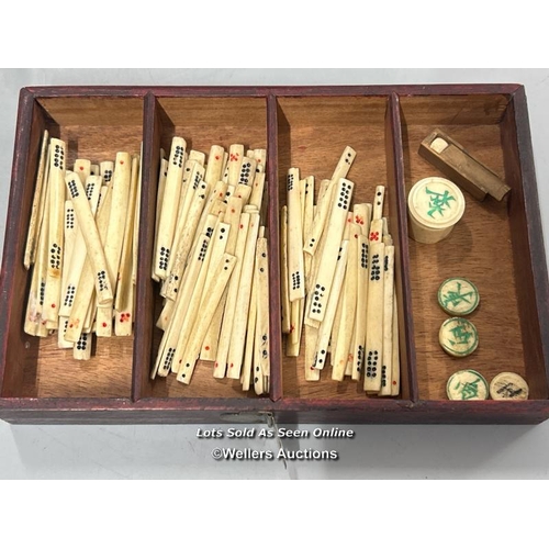 39 - Vintage Mahjong set, c1920's. Bone and bamboo tiles in a wood and brass mounted five drawer case and... 