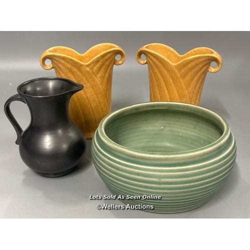 46 - A pair of Crown Devon vases, green fruit bowl and glazed jug / AN8