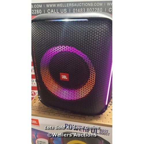 8083 - JBL PARTYBOX SPEAKER WITH MICROPHONE / CONNECTS TO BT, PLAYS MUSIC, MISSING MICROPHONE / POWERS UP /... 