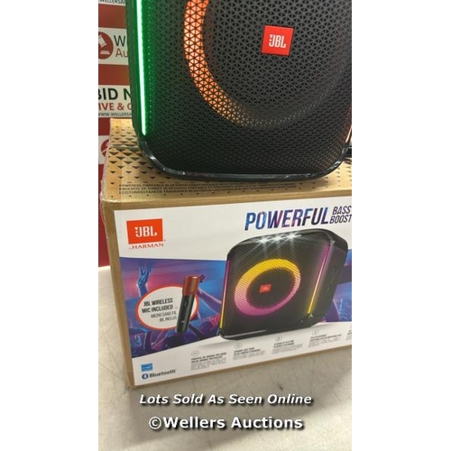 8083 - JBL PARTYBOX SPEAKER WITH MICROPHONE / CONNECTS TO BT, PLAYS MUSIC, MISSING MICROPHONE / POWERS UP /... 