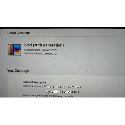 8181 - APPLE IPAD 10TH GEN, 10.9 INCH, WIFI,  MCM84NF/A / APPEARS NEW OPEN BOX, IN VERY GOOD COSMETIC CONDI... 