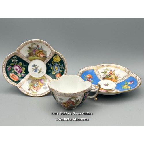 50 - A small Dresden cup and saucer, mark for Augustus Rex 1710 - 1725 curved form with hand painted pane... 