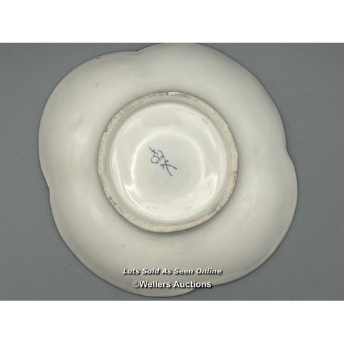 50 - A small Dresden cup and saucer, mark for Augustus Rex 1710 - 1725 curved form with hand painted pane... 