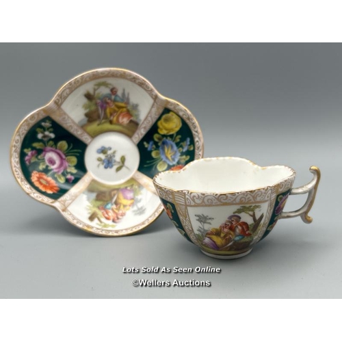 50 - A small Dresden cup and saucer, mark for Augustus Rex 1710 - 1725 curved form with hand painted pane... 