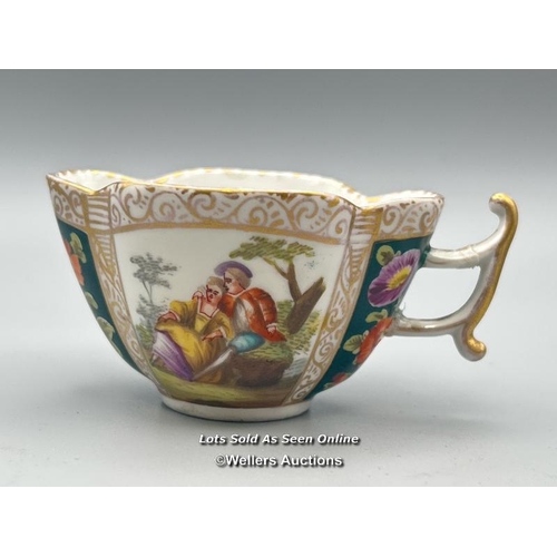 50 - A small Dresden cup and saucer, mark for Augustus Rex 1710 - 1725 curved form with hand painted pane... 