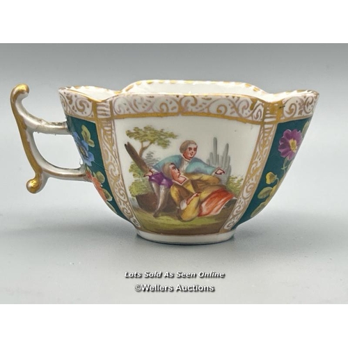 50 - A small Dresden cup and saucer, mark for Augustus Rex 1710 - 1725 curved form with hand painted pane... 