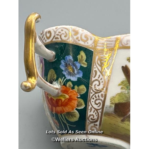 50 - A small Dresden cup and saucer, mark for Augustus Rex 1710 - 1725 curved form with hand painted pane... 