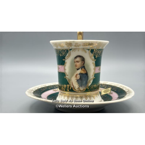 51 - Three antique cups with saucers including Napoleon portrait cup marked for R.S. Prussia, a green whi... 