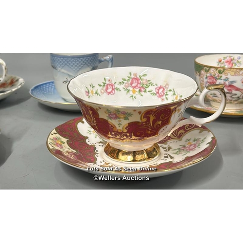 52 - Assorted cups and saucers including Staffordshire bone china, Ainsley, Foley China, Minton, Copenhag... 