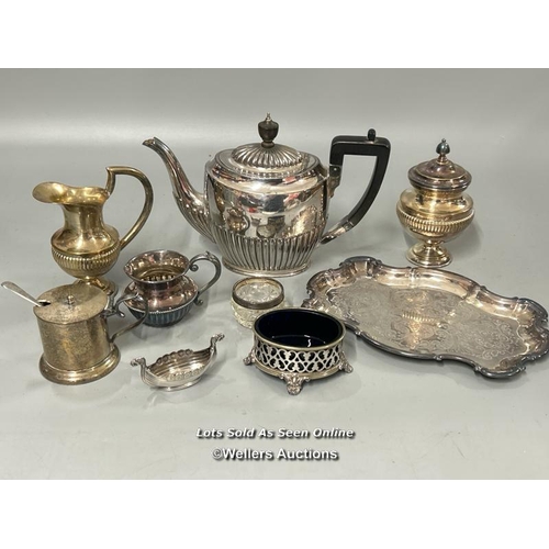 62 - Silver sauce pot stamped 980 and sterling hallmarked silver spoon with assorted EPNS ware including ... 