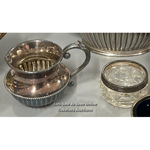 62 - Silver sauce pot stamped 980 and sterling hallmarked silver spoon with assorted EPNS ware including ... 