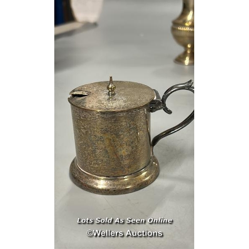 62 - Silver sauce pot stamped 980 and sterling hallmarked silver spoon with assorted EPNS ware including ... 