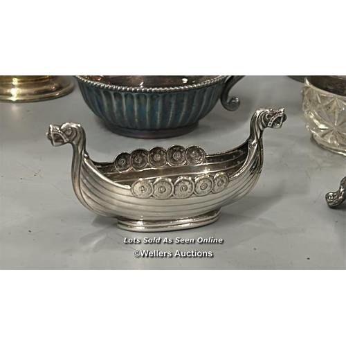 62 - Silver sauce pot stamped 980 and sterling hallmarked silver spoon with assorted EPNS ware including ... 