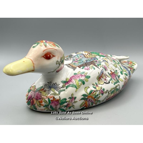 63 - A Chinese famille rose hand painted porcelain Duck with six character makers mark, 27cm long, 10cm h... 