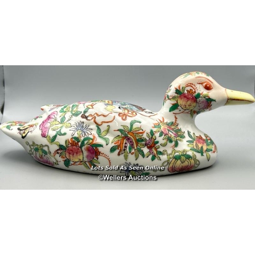 63 - A Chinese famille rose hand painted porcelain Duck with six character makers mark, 27cm long, 10cm h... 