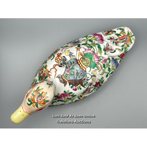 63 - A Chinese famille rose hand painted porcelain Duck with six character makers mark, 27cm long, 10cm h... 